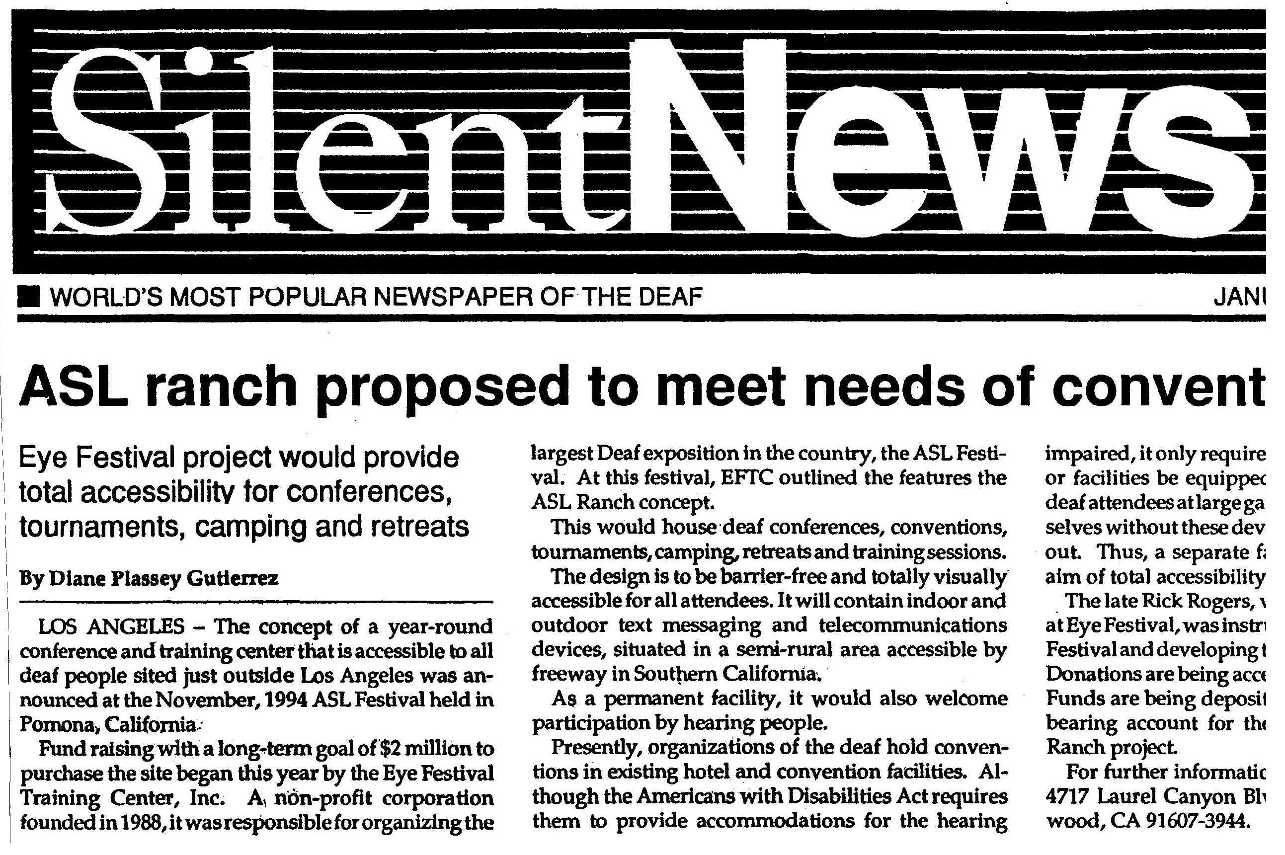 1994 announcement of the ASL Ranch Project. Credit: Silent News